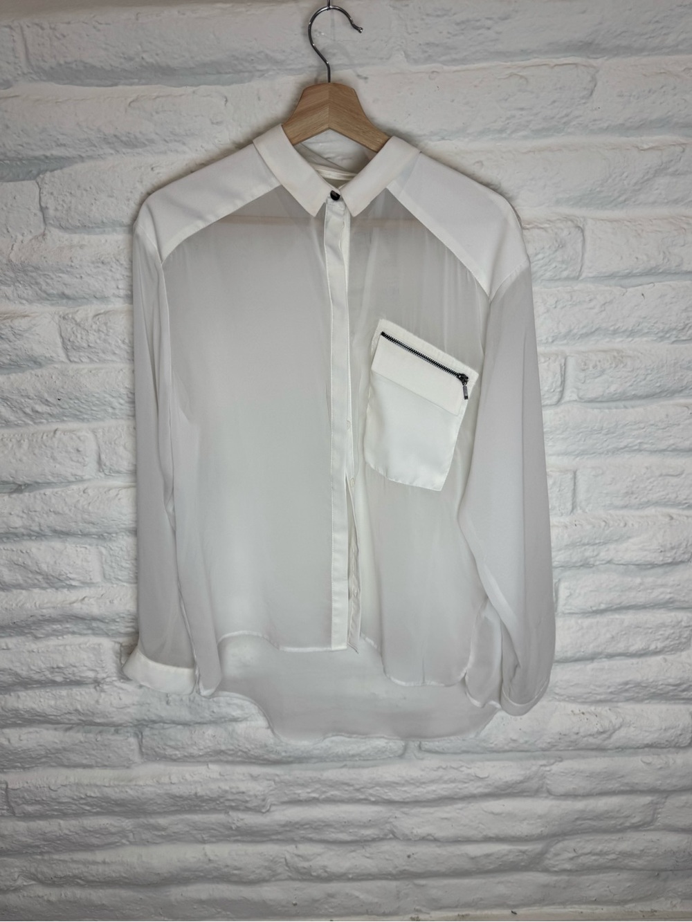 Topshop White Sheer Long-Sleeve Button-Up with Zip Pocket